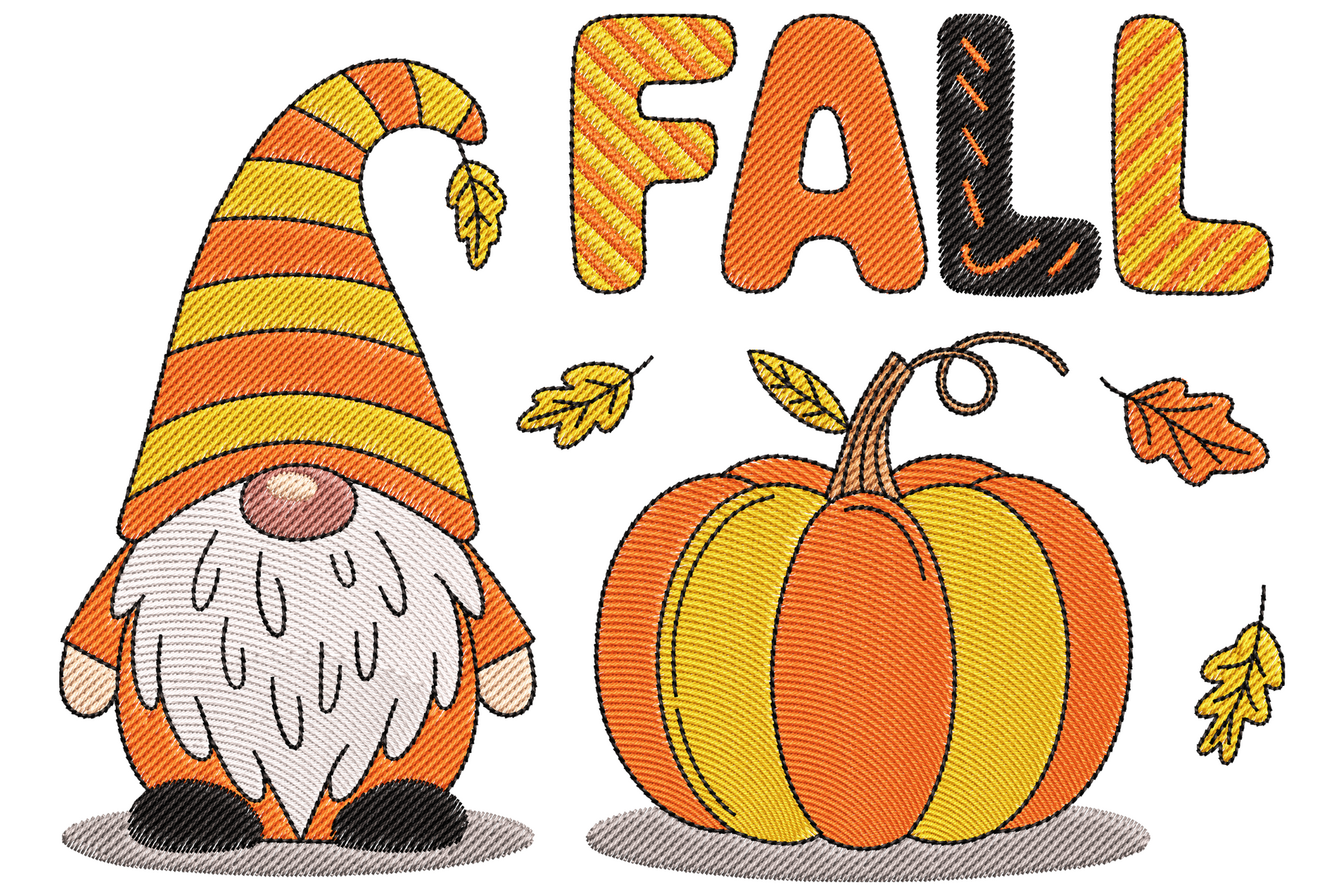 Chubby fall gnome embroidery with tall orange and rust striped pointed hat flopped sideways, long white fluffy beard, holding a small ridged orange pumpkin, plaid body in autumn tones.