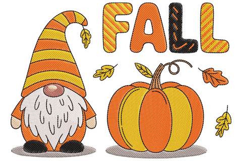 Chubby fall gnome embroidery with tall orange and rust striped pointed hat flopped sideways, long white fluffy beard, holding a small ridged orange pumpkin, plaid body in autumn tones.