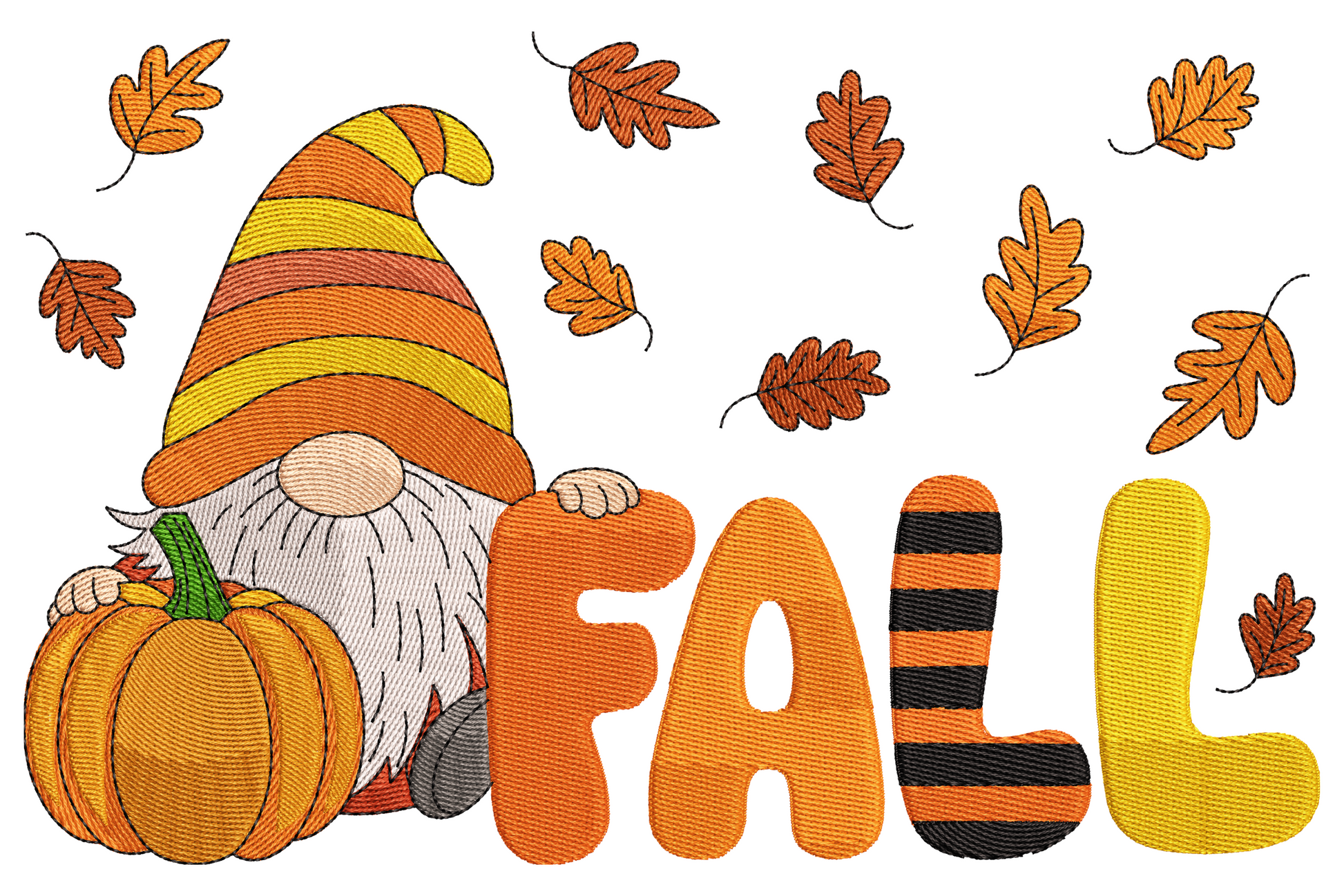 Fall gnome embroidery holding an orange pumpkin, cream beard, forest green hat and tiny boots in warm autumn colours.
