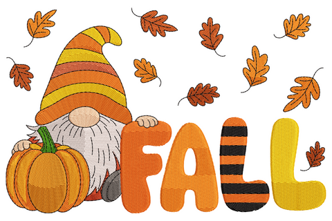 Fall gnome embroidery holding an orange pumpkin, cream beard, forest green hat and tiny boots in warm autumn colours.