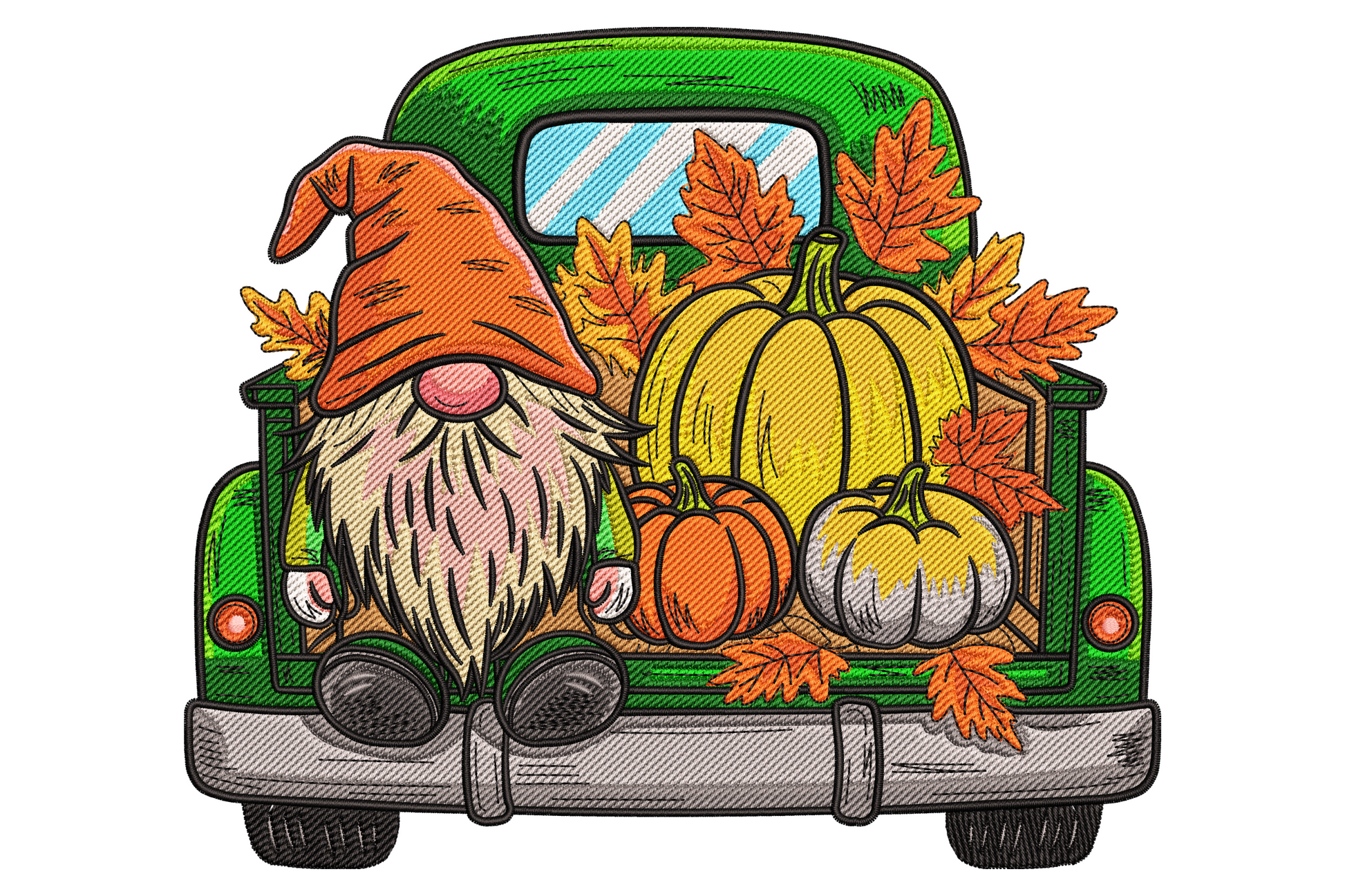 Vintage green pickup truck back-end loaded with orange-hat gnome three pumpkins and autumn maple leaves fall embroidery design
