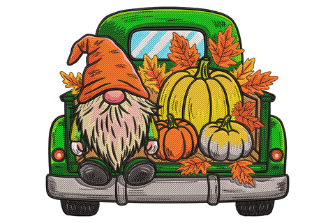 Vintage green pickup truck back-end loaded with orange-hat gnome three pumpkins and autumn maple leaves fall embroidery design