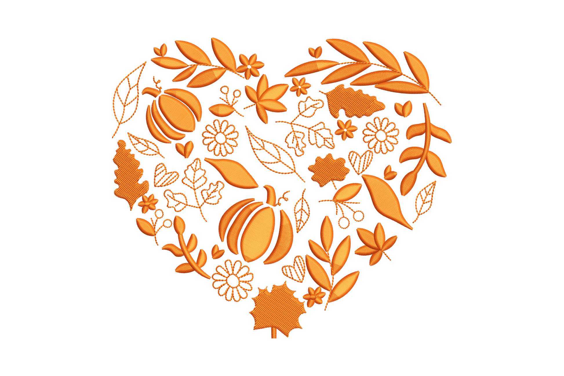 Fall heart outline embroidery in single orange thread, packed with pumpkins, oak leaves, daisies and acorns, 4 sizes.