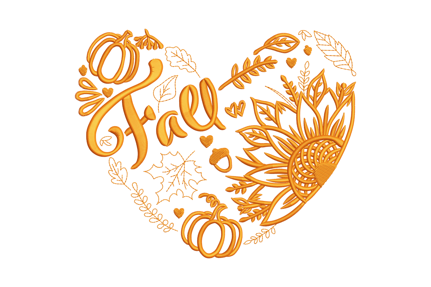 Autumn heart embroidery in single burnt orange thread, filled with a sunflower, pumpkin, maple leaves, holly and Fall cursive script.