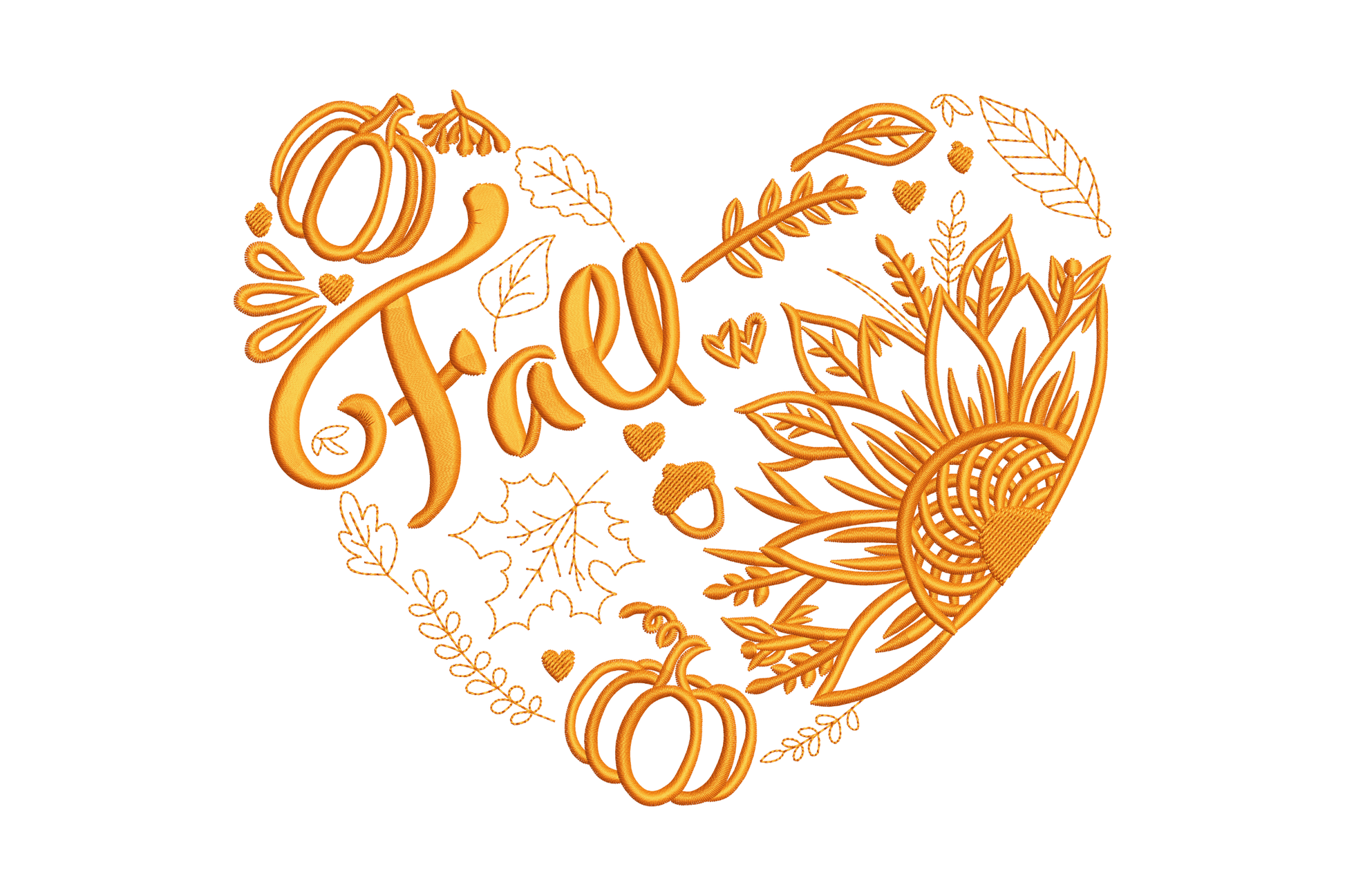 Autumn heart embroidery in single burnt orange thread, filled with a sunflower, pumpkin, maple leaves, holly and Fall cursive script.