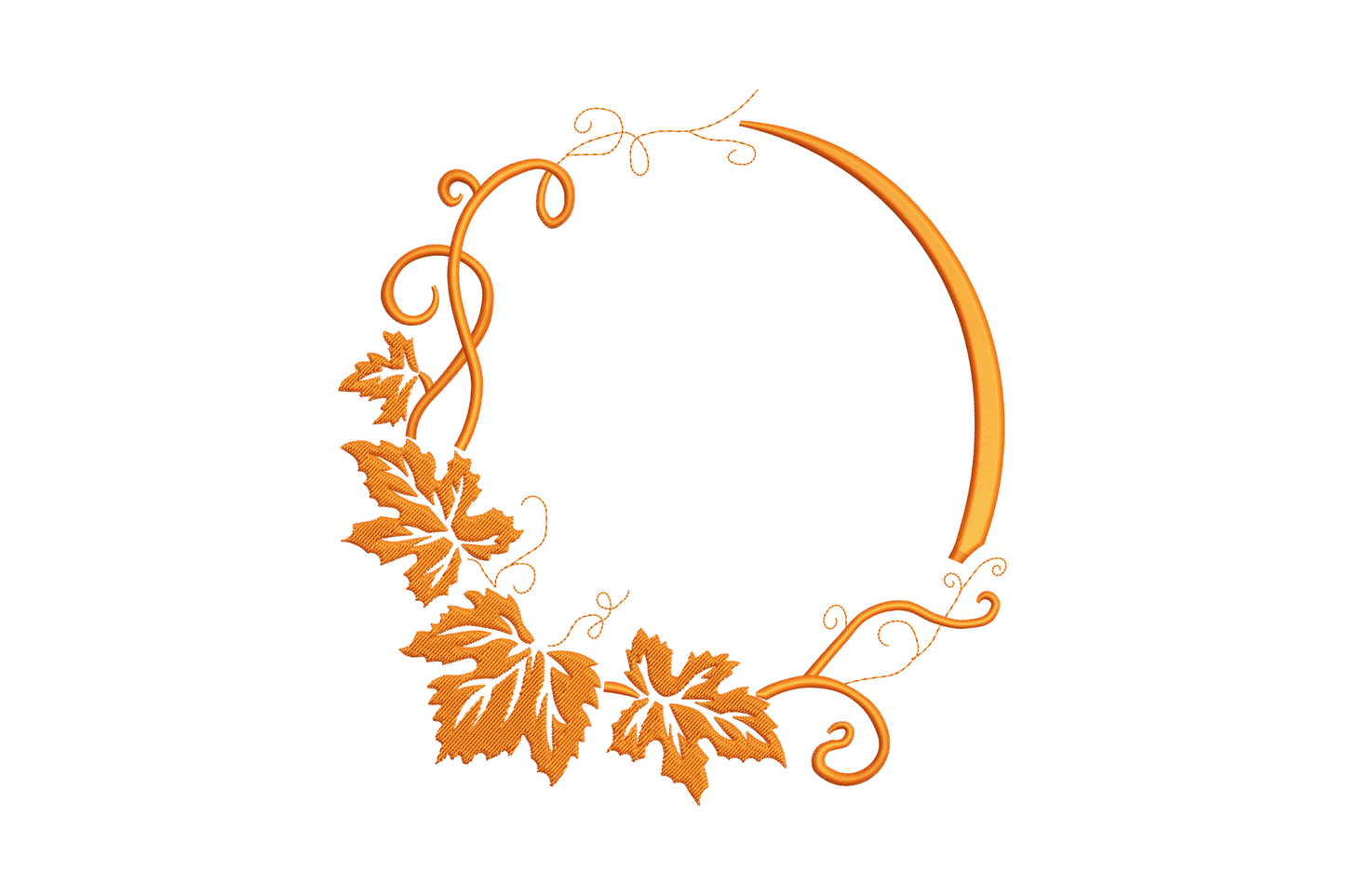 Decorative fall leaves frame embroidery border in russet, amber orange, yellow and olive green with open centre for monogram.