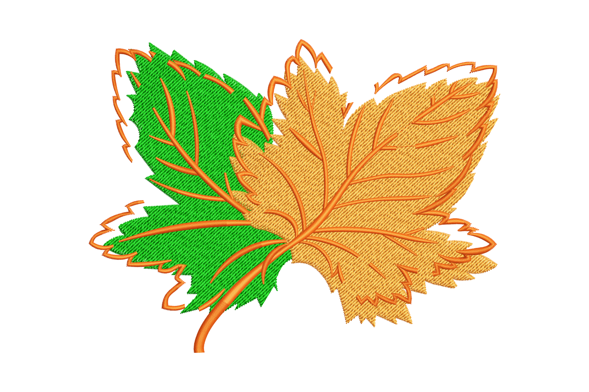 Two overlapping maple leaves embroidery, left leaf in green and right in golden amber, with orange vein lines on a shared stem.