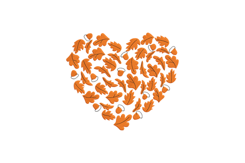 Fall leaves heart embroidery in orange and black, dense tumbling oak leaves and acorns packed into a heart outline, 5 sizes.