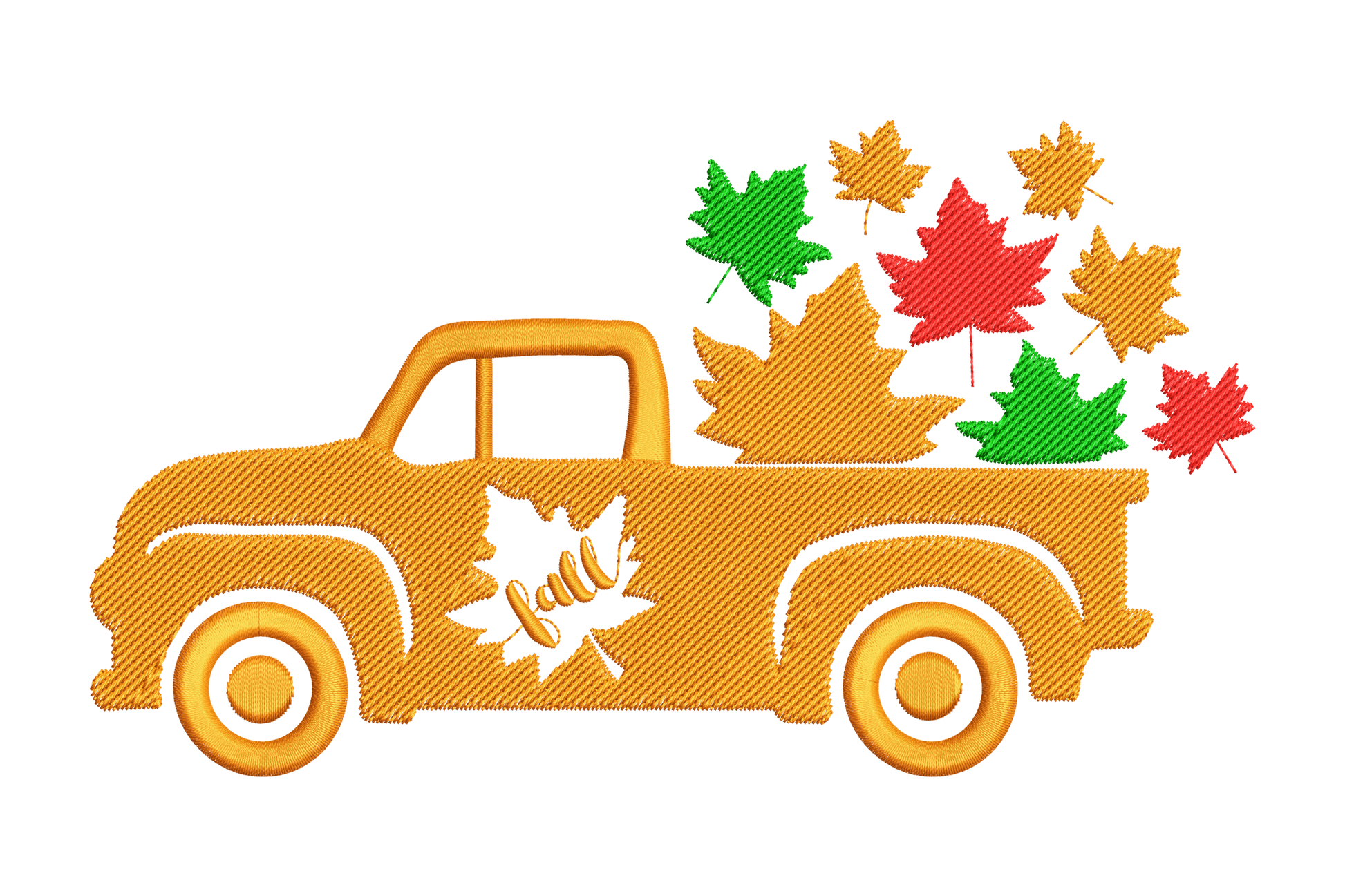 Fall leaves truck embroidery with vintage pickup truck and overflowing autumn leaf arrangement in ochre rust and sage green.