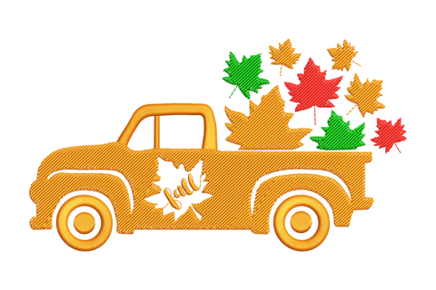 Fall leaves truck embroidery with vintage pickup truck and overflowing autumn leaf arrangement in ochre rust and sage green.