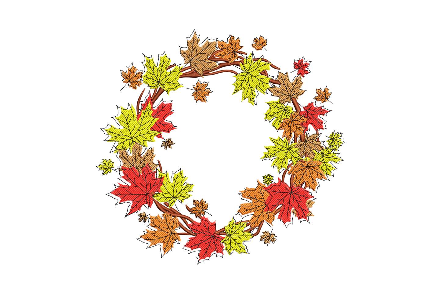 Fall leaves wreath embroidery design with dense layered autumn foliage in burnt orange, deep red and golden yellow, 4 sizes from 5 to 8 inches for pillows table runners and seasonal totes