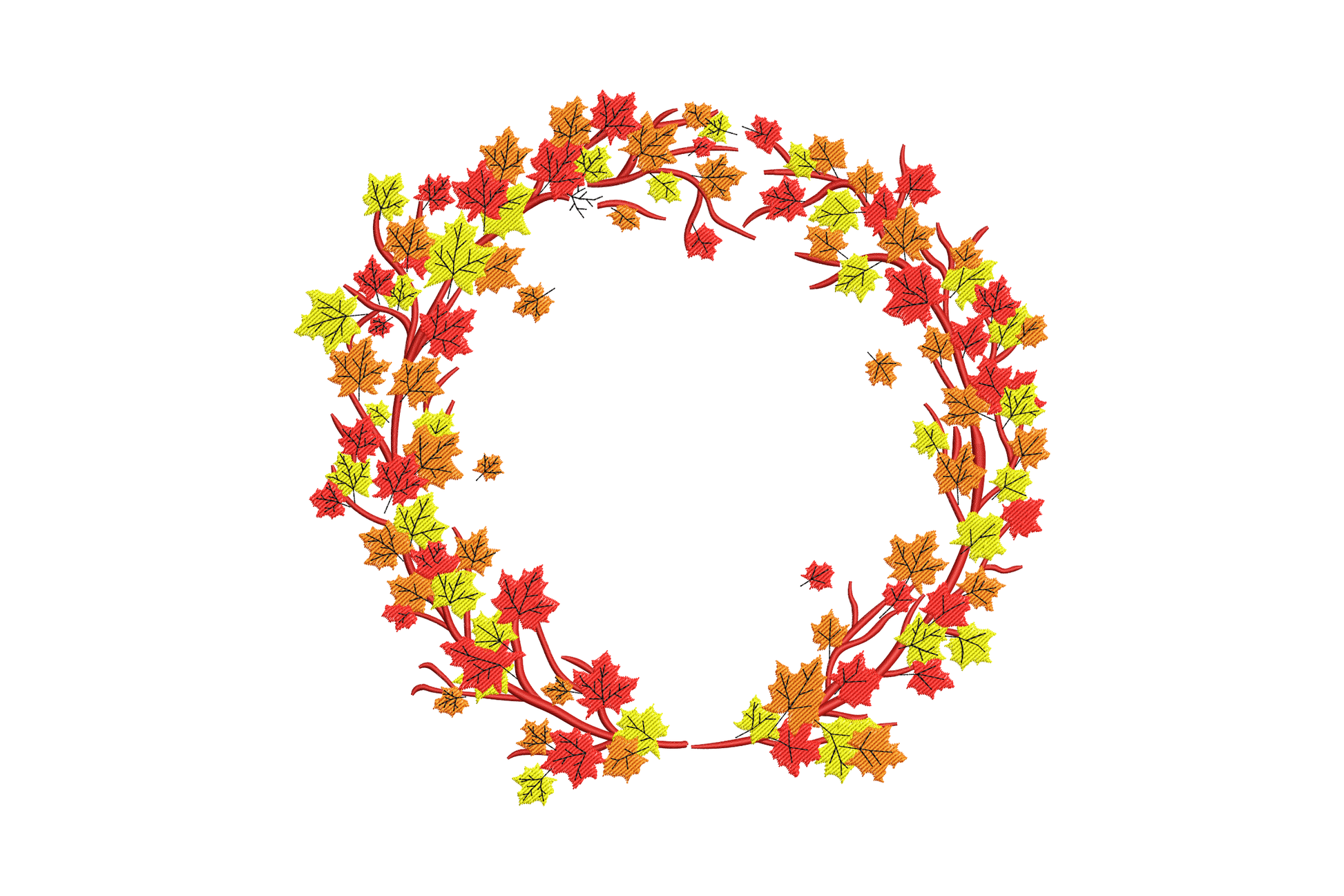 Full maple leaf wreath embroidery in crimson, burnt orange and amber, layered leaves with open centre for monogram.