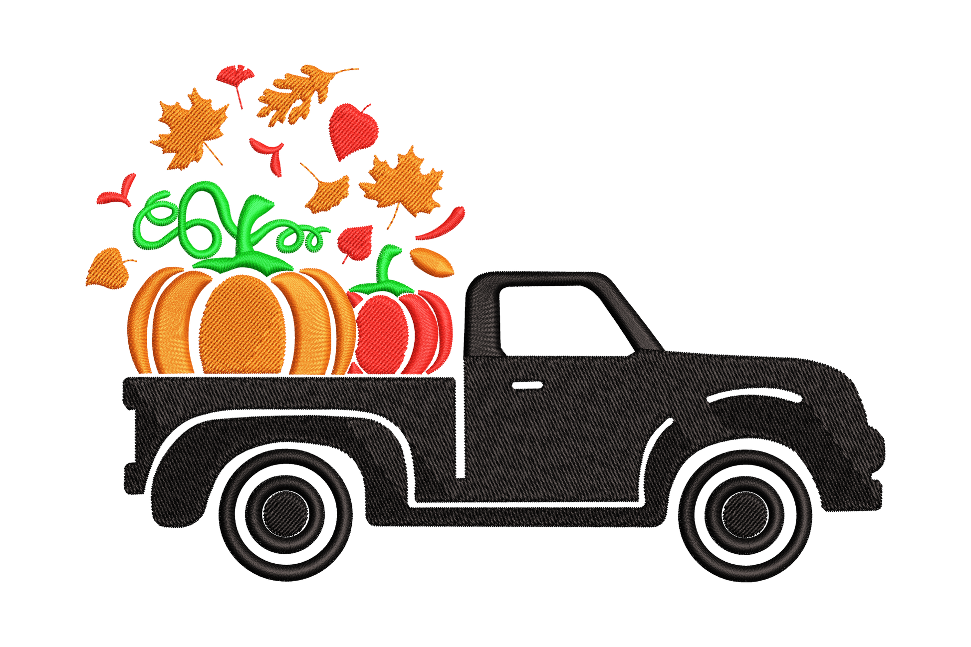 Vintage fall pickup truck with pumpkin stack in the bed and autumn leaves, rust red with orange pumpkins on cream background.