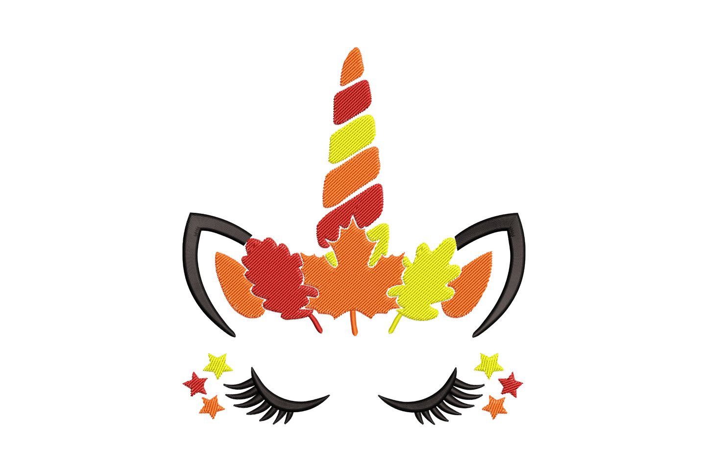 Embroidered fall unicorn face with closed sleepy eyes lashes and a striped red orange yellow horn crowned by autumn leaves