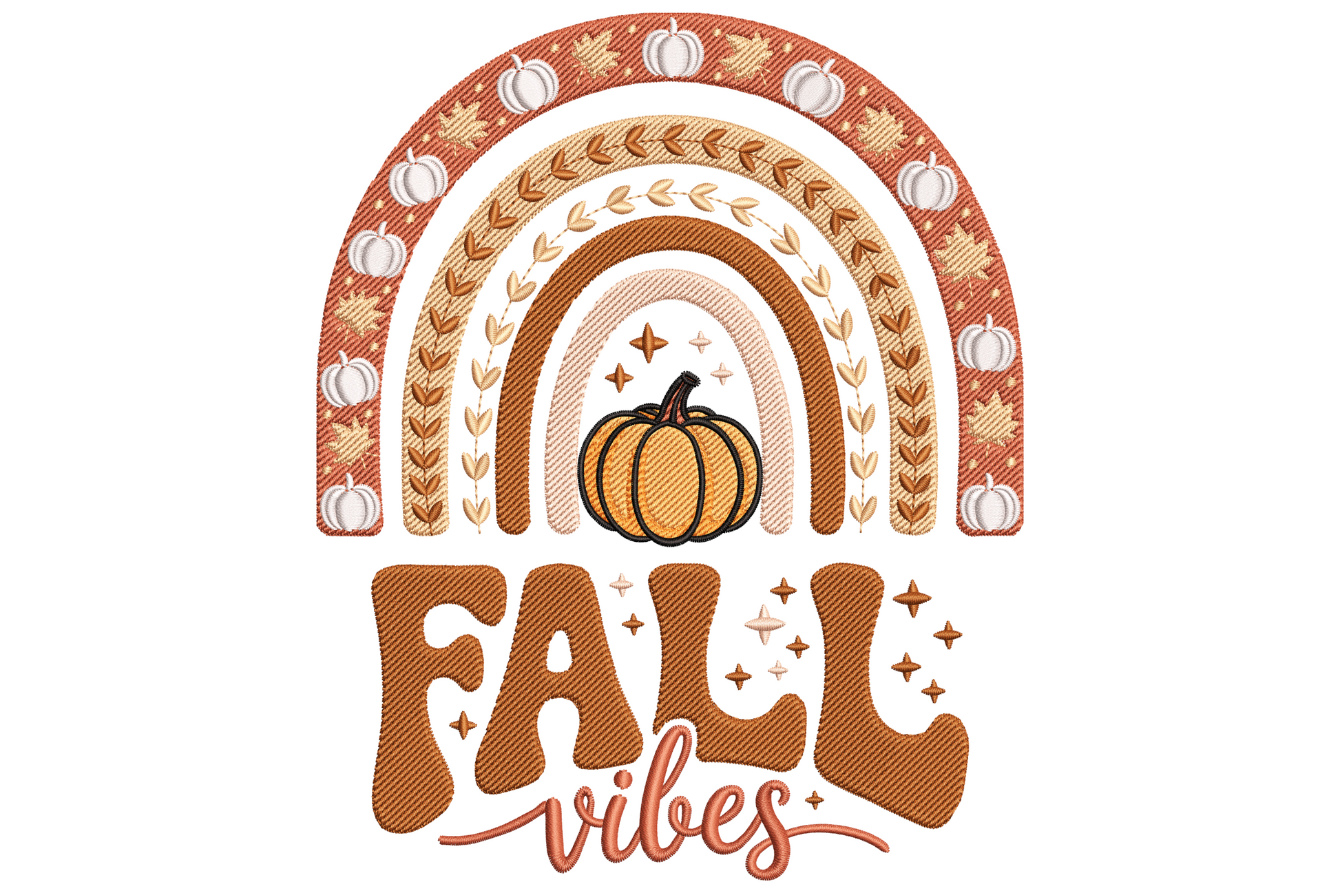 Fall vibes rainbow pumpkin embroidery design with boho arch bands in burnt sienna and peach, wheat sprigs, tiny white pumpkin silhouettes and retro lettering.