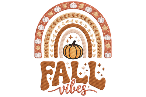 Fall vibes rainbow pumpkin embroidery design with boho arch bands in burnt sienna and peach, wheat sprigs, tiny white pumpkin silhouettes and retro lettering.
