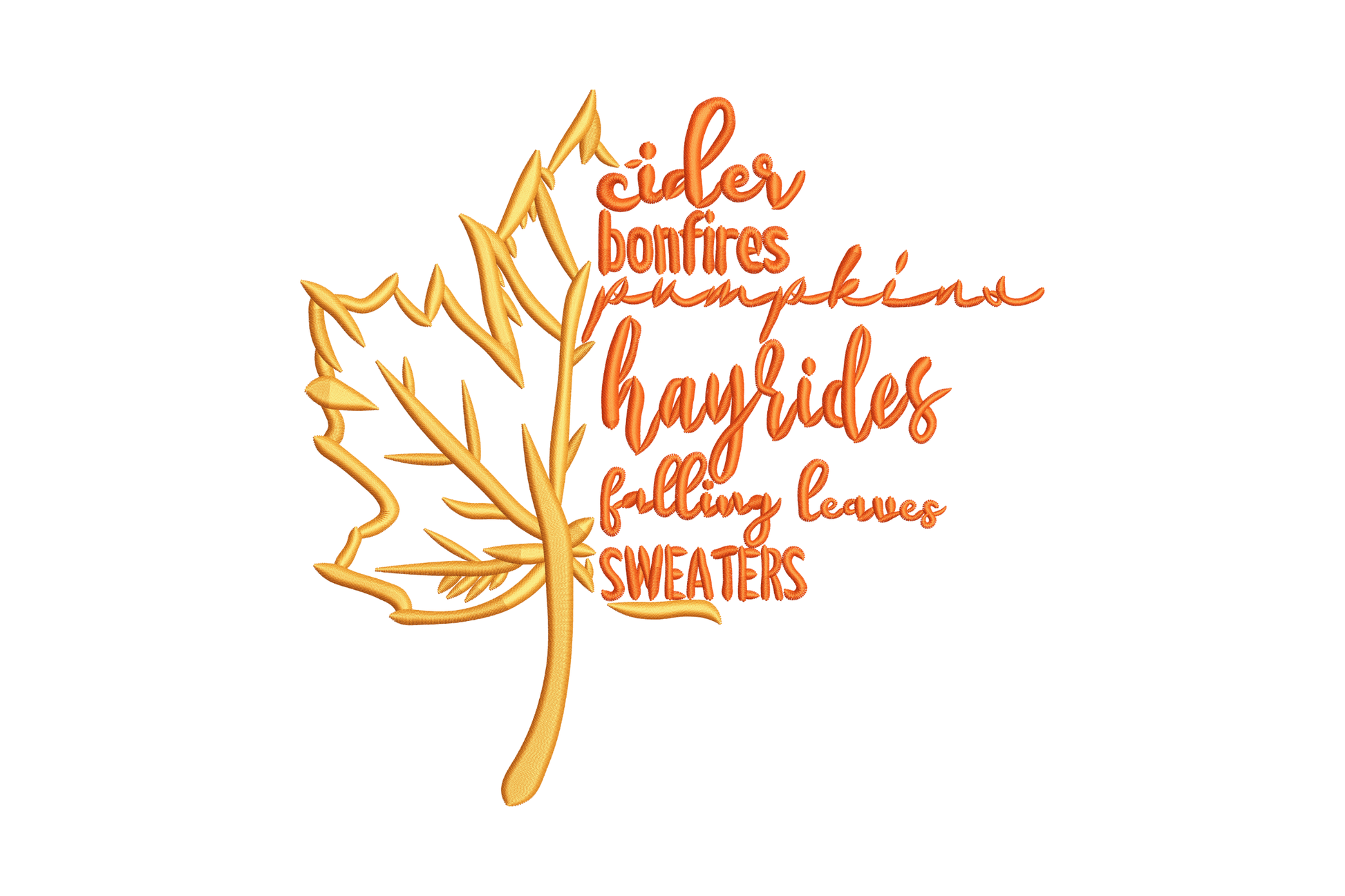 Golden yellow maple leaf outline with six fall words cider bonfires pumpkins hayrides falling leaves sweaters in coral