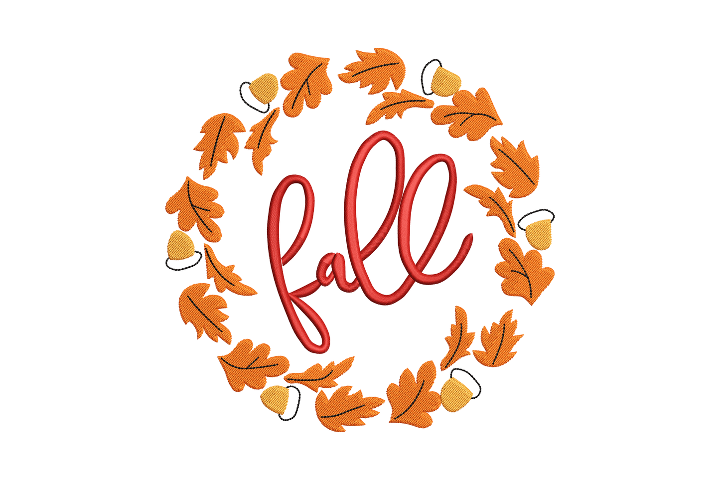 Fall wreath embroidery with orange maple and oak leaves, black acorn accents and dark red cursive script at centre, 5 sizes.