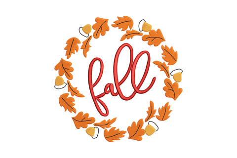 Fall wreath embroidery with orange maple and oak leaves, black acorn accents and dark red cursive script at centre, 5 sizes.