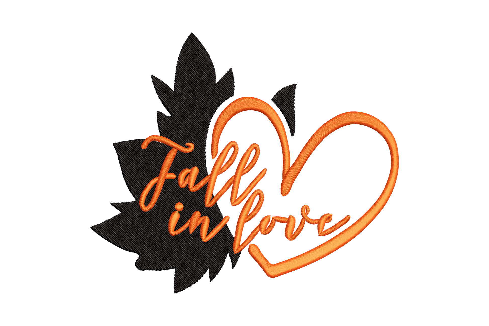 Fall in love autumn embroidery, solid black maple leaf silhouette with open orange satin heart and flowing script lettering.