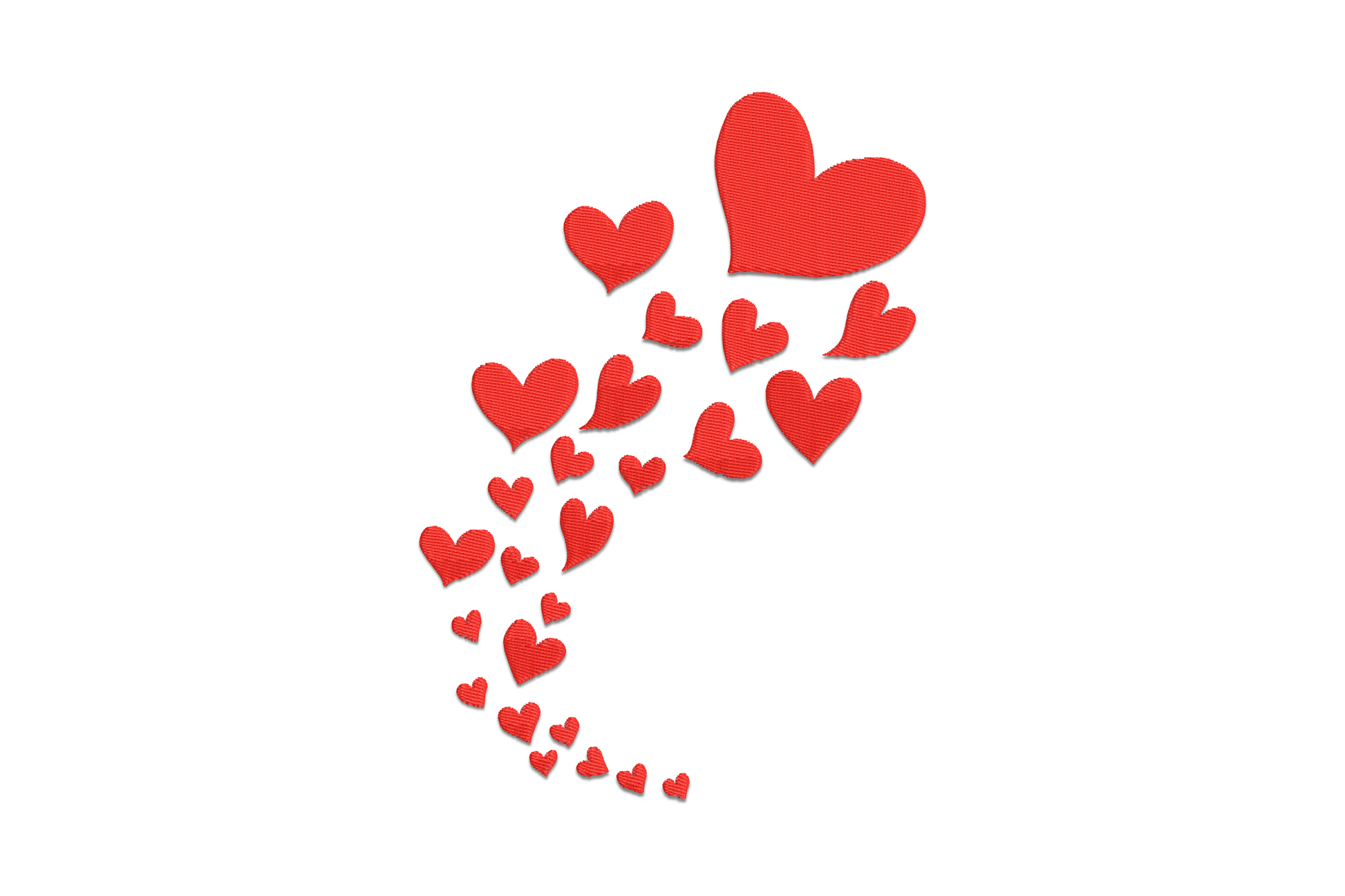 Machine embroidery design of scattered falling hearts at random angles in single color, playful confetti style, valentine design