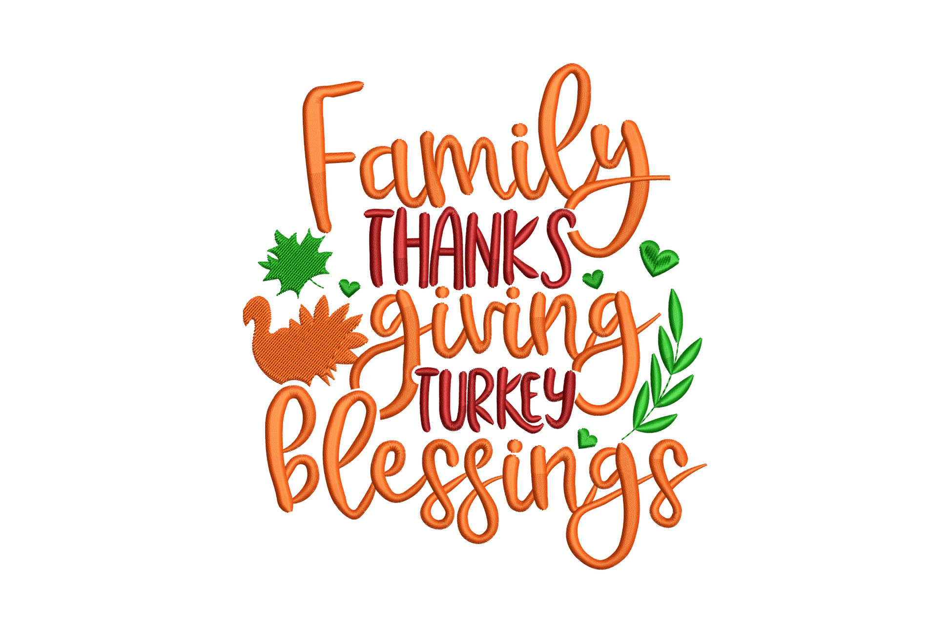 Family Thanksgiving Turkey Blessings stacked typography embroidery with small orange turkey and dark red caps