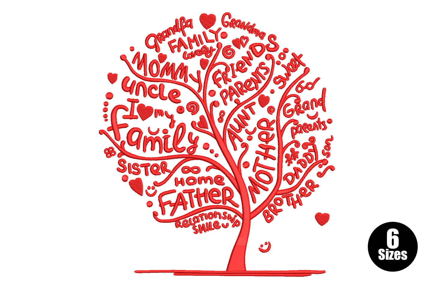 Family tree word art in red, round canopy packed with family relation words in mixed lettering, two hearts at the trunk base.