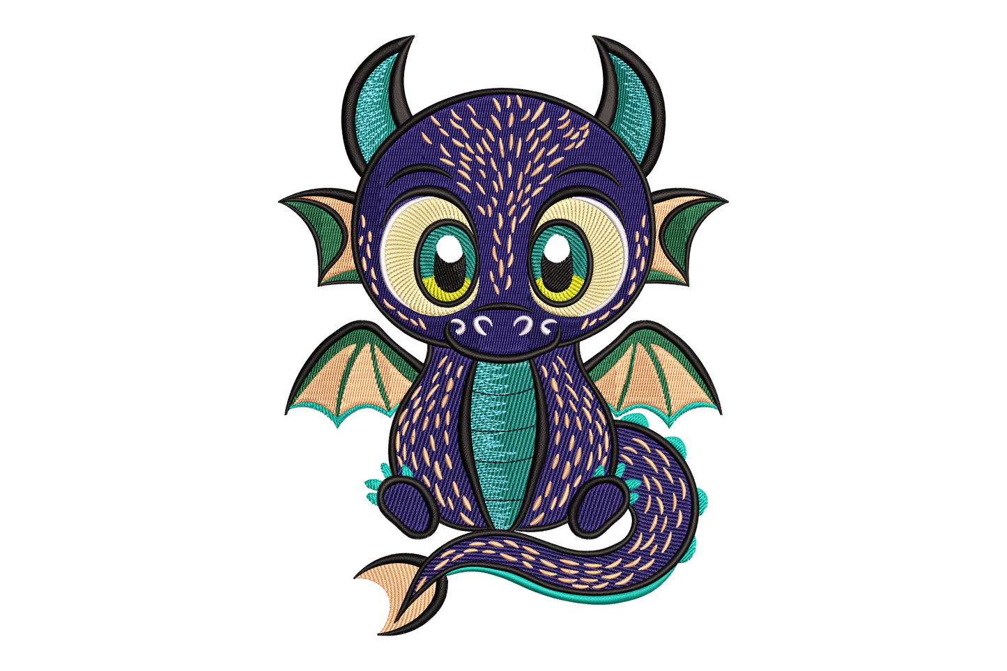 Chunky kawaii cartoon dragon embroidery design with big eyes, green scales, cream belly, and orange wings spread wide, cute fantasy style on white background.