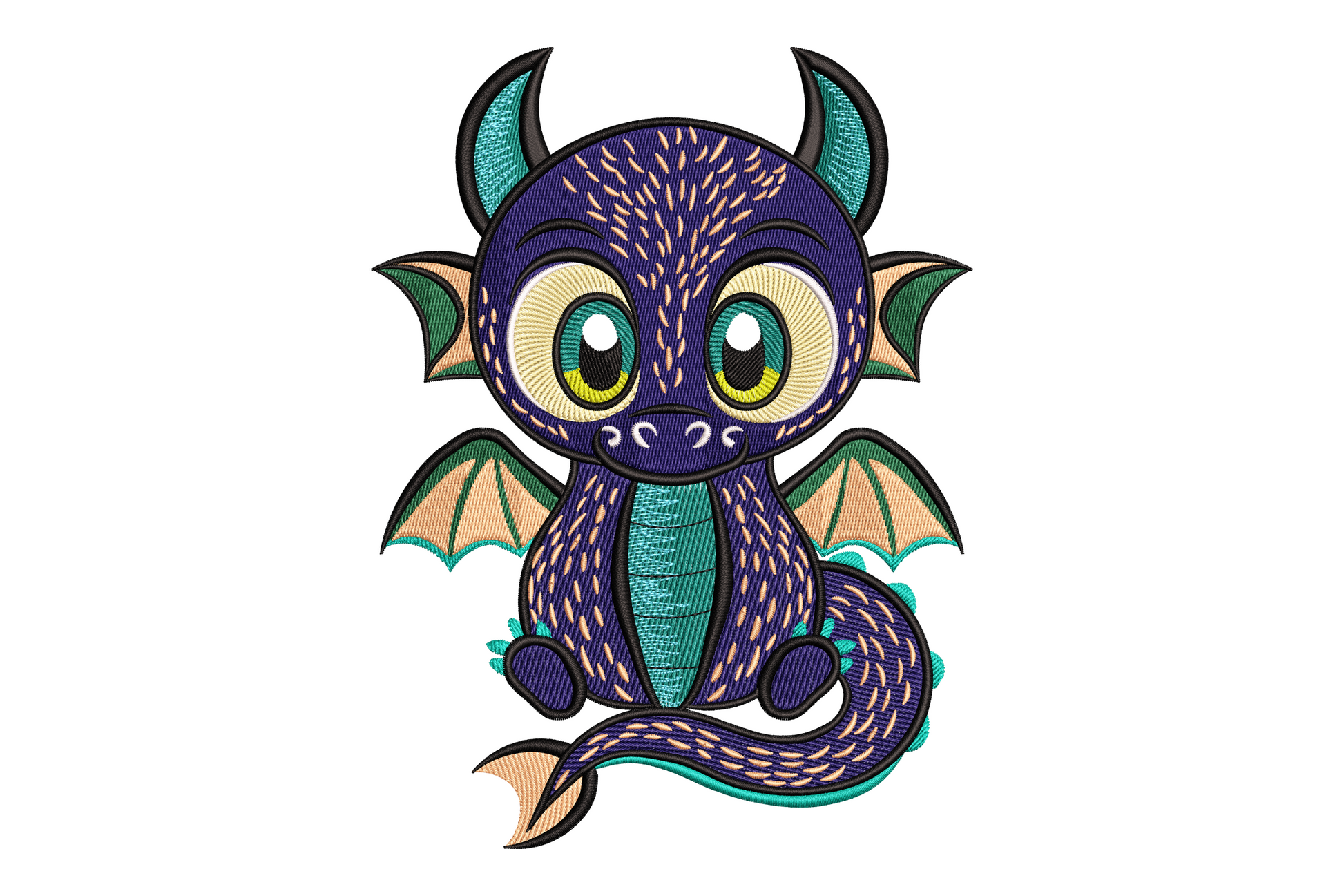 Chunky kawaii cartoon dragon embroidery design with big eyes, green scales, cream belly, and orange wings spread wide, cute fantasy style on white background.