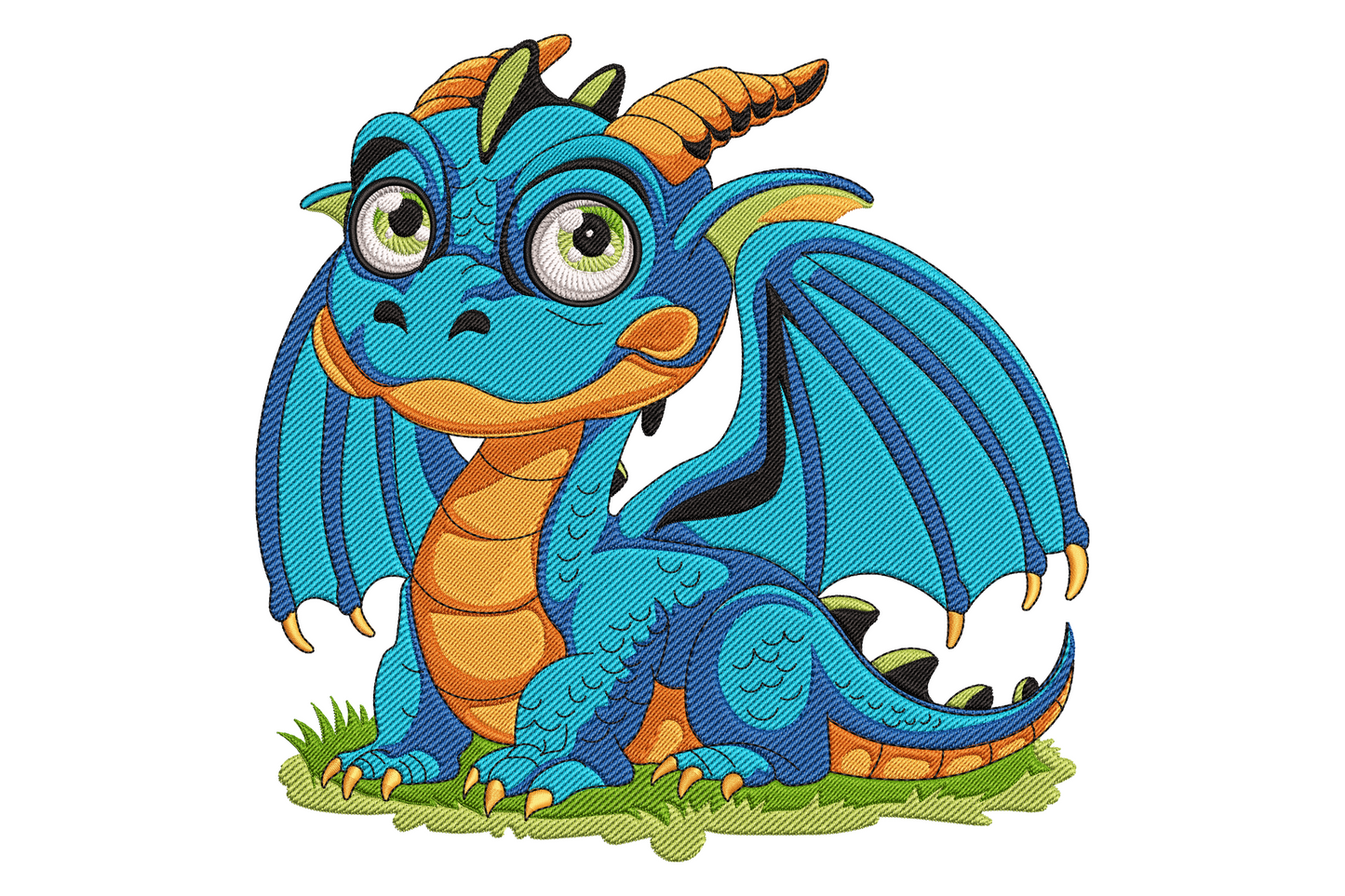 Fantasy dragon big eyes embroidery design, chubby aqua cartoon dragon sitting in grass with oversized round eyes and orange horns.