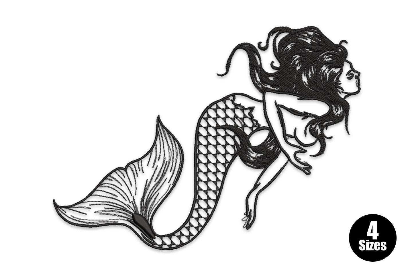 Fantasy mermaid silhouette embroidery design, arched pose, flowing tail and hair, 5 colours, 4 sizes up to 5.84 inches wide