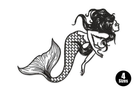 Fantasy mermaid silhouette embroidery design, arched pose, flowing tail and hair, 5 colours, 4 sizes up to 5.84 inches wide