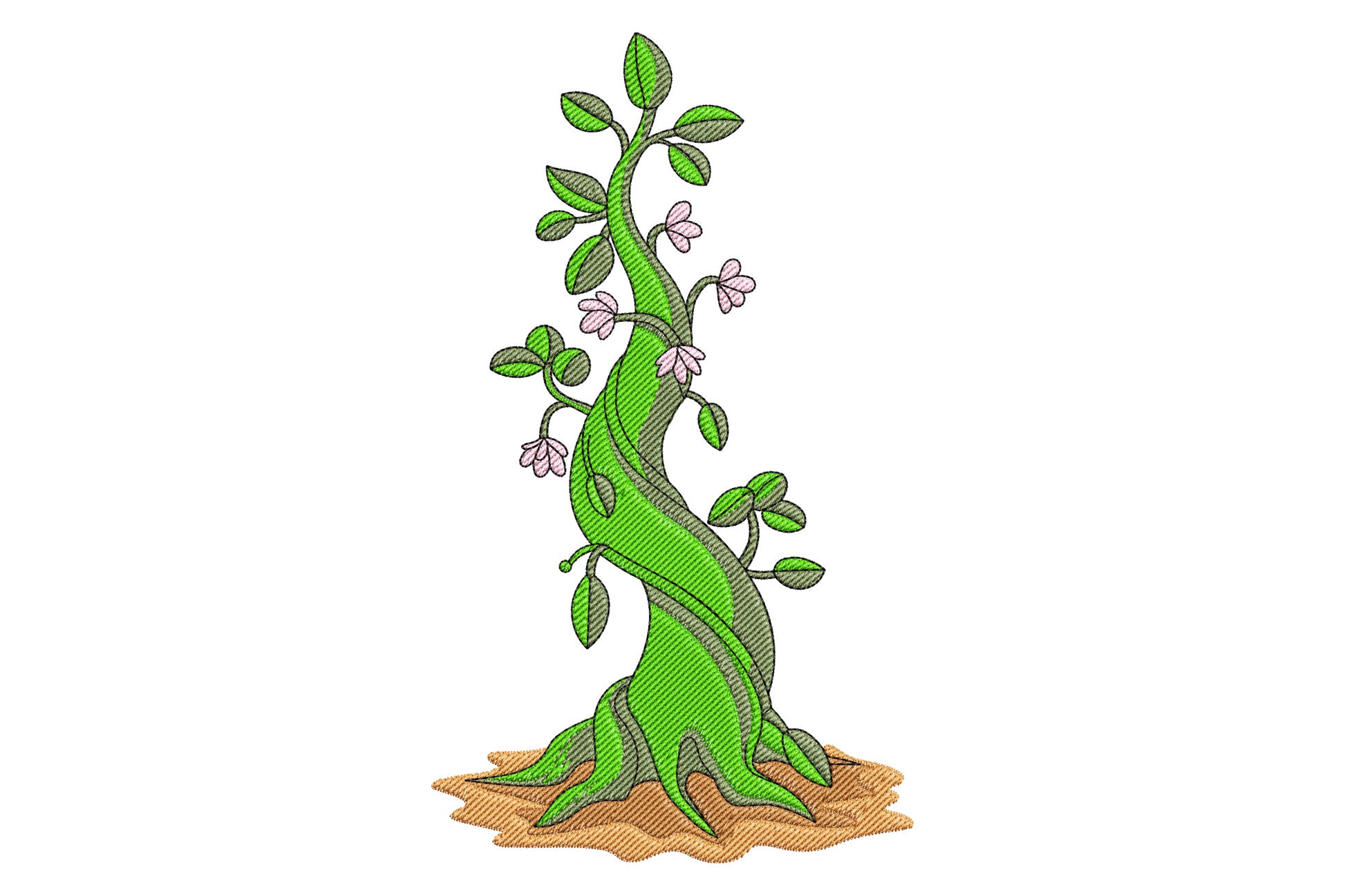 Fantasy vine tree embroidery design, tall twisting green beanstalk with pale pink flowers and oval leaves rising from sandy soil.
