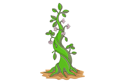 Fantasy vine tree embroidery design, tall twisting green beanstalk with pale pink flowers and oval leaves rising from sandy soil.