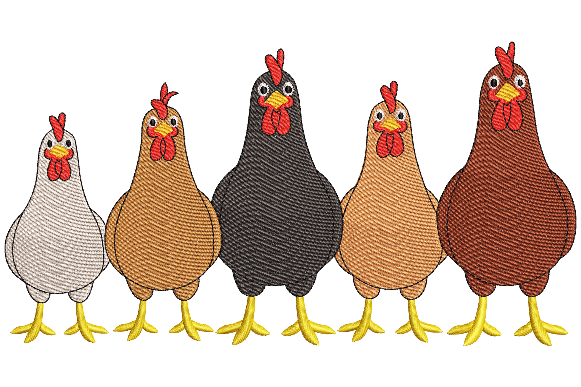 Farm chickens line-up embroidery, five hens in white, tan, charcoal and brown standing in a row with red combs and yellow feet.