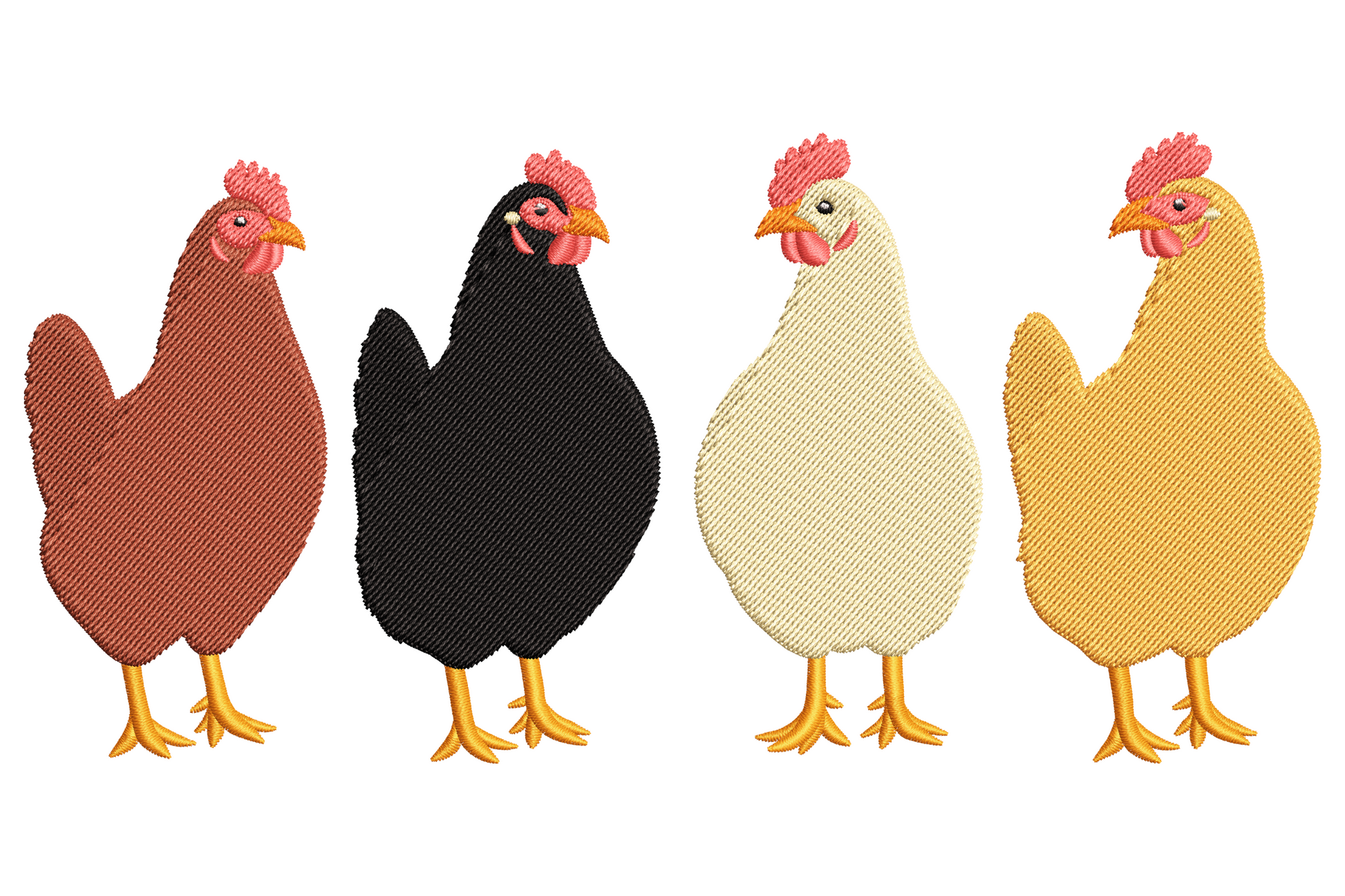 Farm chickens embroidery, two hens with directional feather stitching in cream, rust and terracotta, 8 colours, 9 sizes.