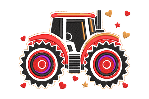 Red farm tractor embroidery on green hill with yellow round sun and blue sky strip, storybook style with bold outlines