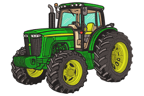 Farm tractor embroidery, green tractor with mustard yellow rims, big black rear tyres, teal glass cab and beige seat.