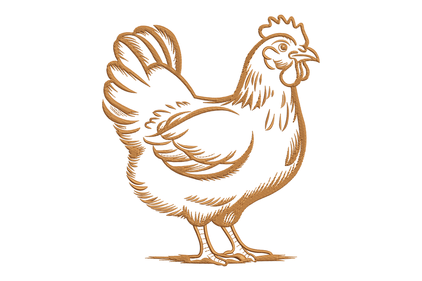 Farmhouse chicken embroidery with detailed feather texture, single colour, 9 sizes 3.5 to 7.5 inches, instant download