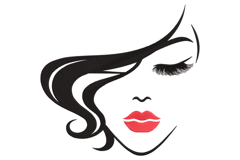Fashion lady silhouette embroidery, standing figure with tall updo and fitted dress in 2-colour editorial outline style.