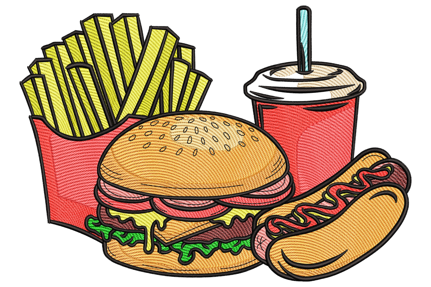Cartoon fast food combo with sesame-bun cheeseburger, red fries carton, hot dog with mustard squiggle and red soda cup.