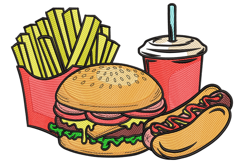 Cartoon fast food combo with sesame-bun cheeseburger, red fries carton, hot dog with mustard squiggle and red soda cup.