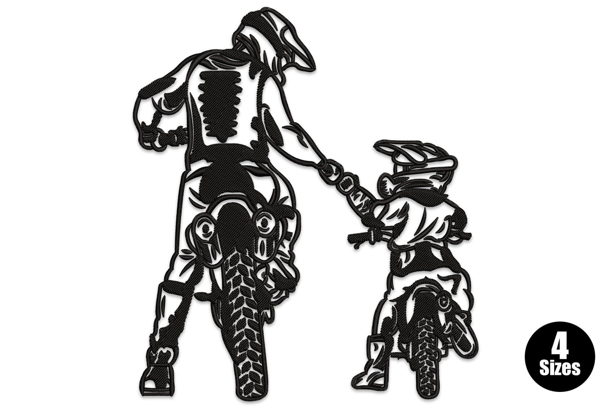 Father and child motorcycle silhouette embroidery design showing two dirt bike riders in full gear, the smaller child reaching to hold the father's hand between their bikes, all in solid black thread