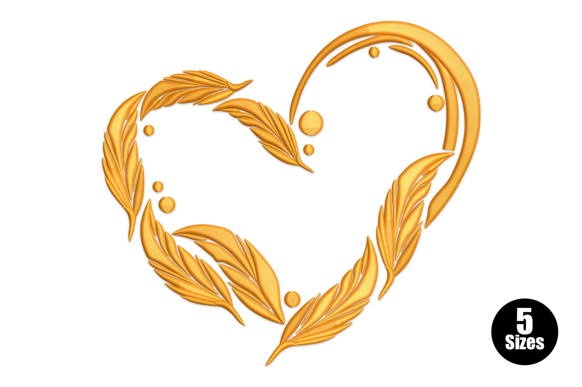 Two orange line art feathers curving to form a heart silhouette, single colour embroidery design with fine barb strokes.