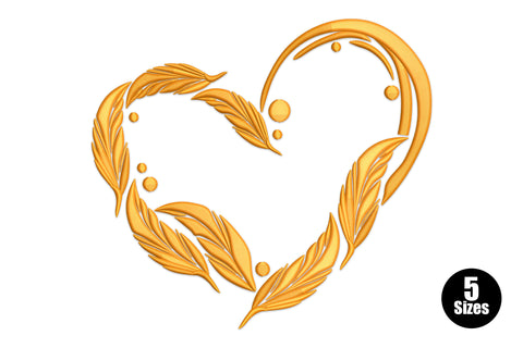 Two orange line art feathers curving to form a heart silhouette, single colour embroidery design with fine barb strokes.