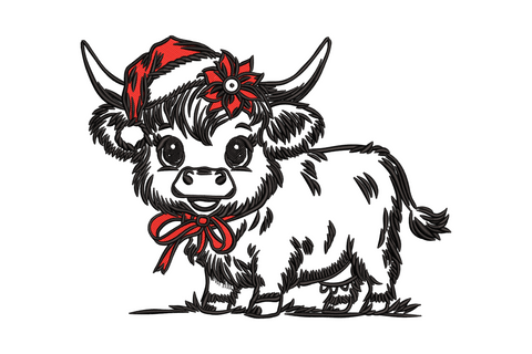 Festive baby highland cow embroidery with Santa hat, poinsettia and red bow, two-color black and red sketch style