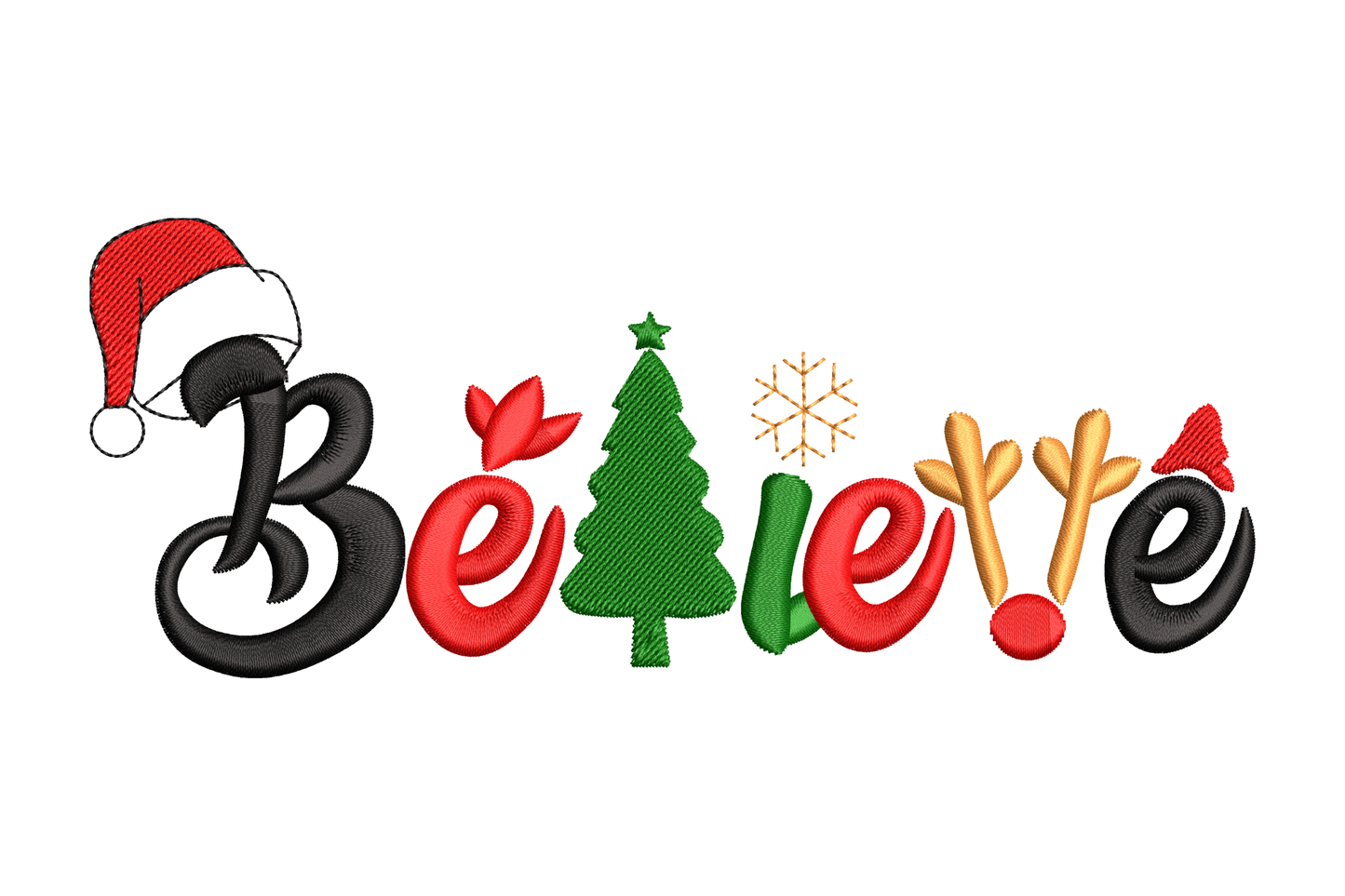 BELIEVE Christmas word art embroidery with Santa hat, tree, snowflake and antler icons built into the letters, black red green and gold