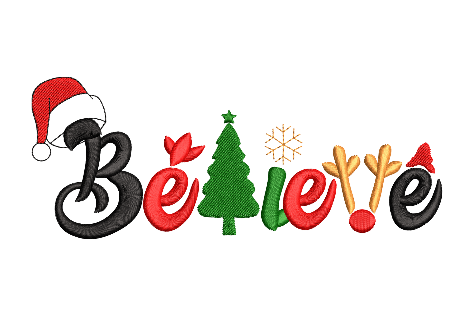 BELIEVE Christmas word art embroidery with Santa hat, tree, snowflake and antler icons built into the letters, black red green and gold