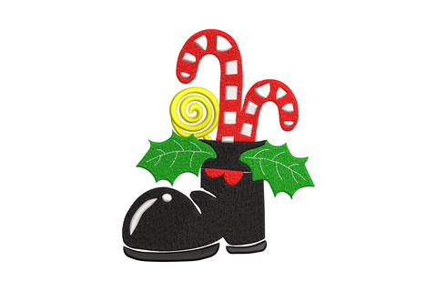 Black christmas boots with candy canes, green holly leaves and yellow disc, 5 colors, 5 sizes