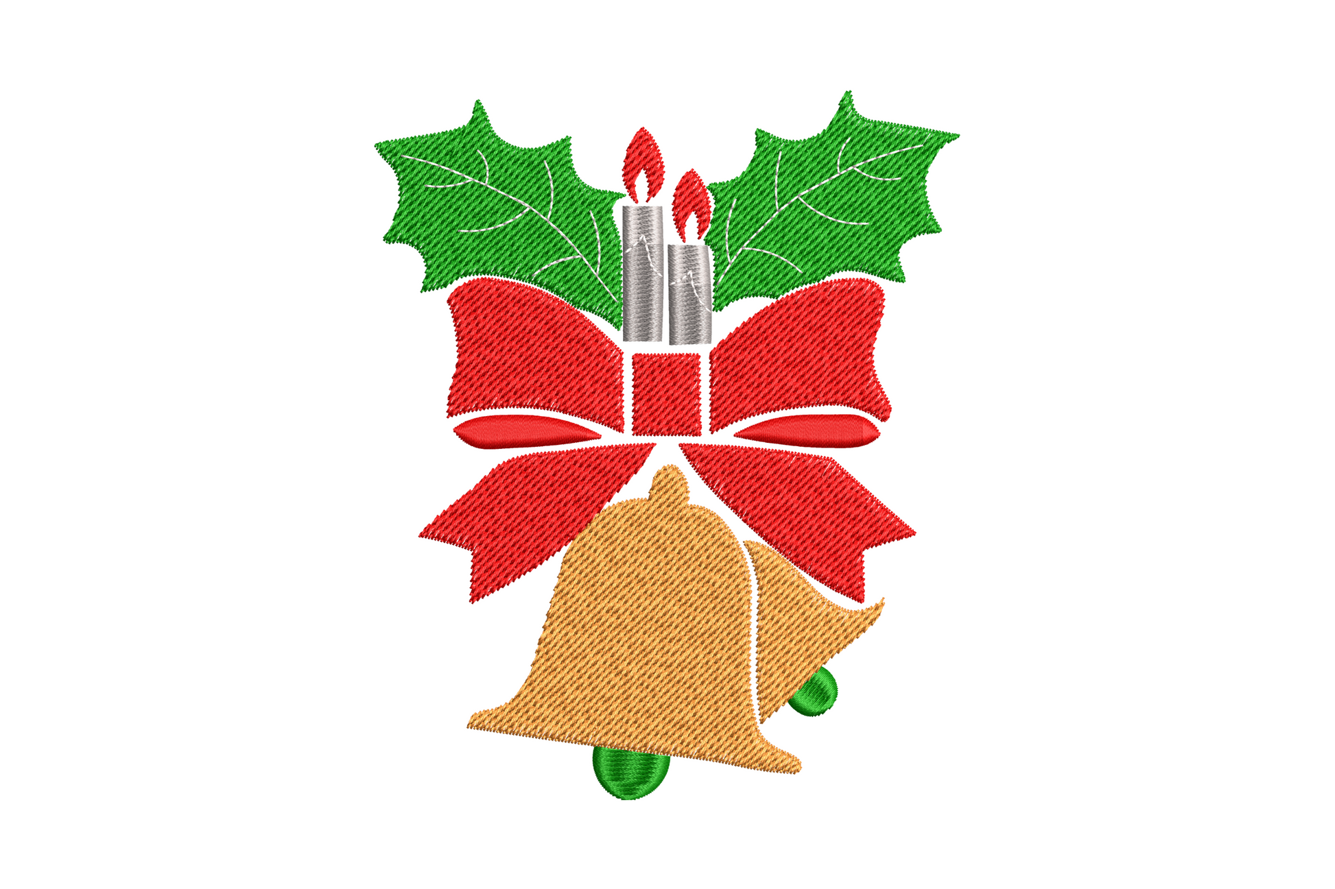 Twin christmas bells with red bow, candles and holly leaves arrangement, 6 colors, 4 sizes